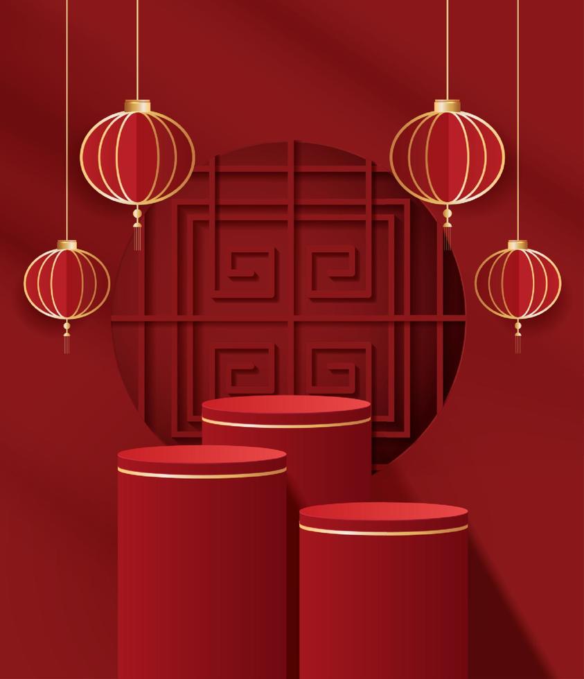 Podium stage chinese style for chinese new year and festivals or mid autumn festival with red background. mock up stage with festive lanterns and clouds. vector design.