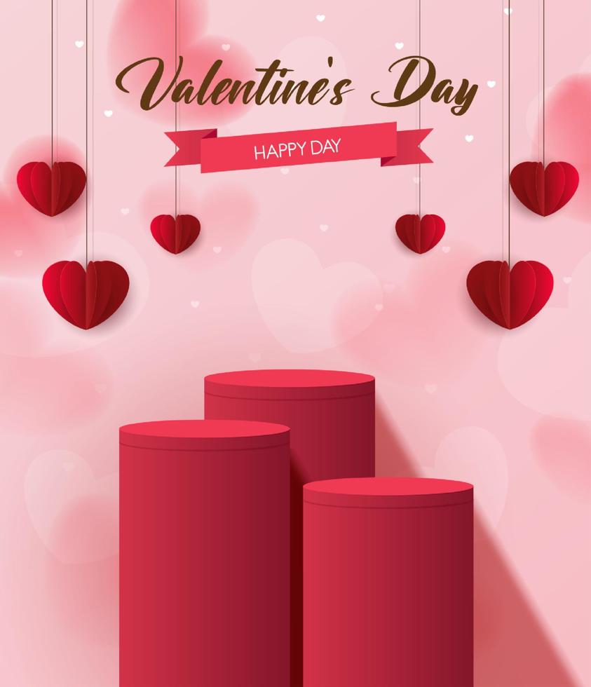 Pink podium display background products for valentine day in love platform. stand to show cosmetic with craft style. symbols of love for happy. vector design.