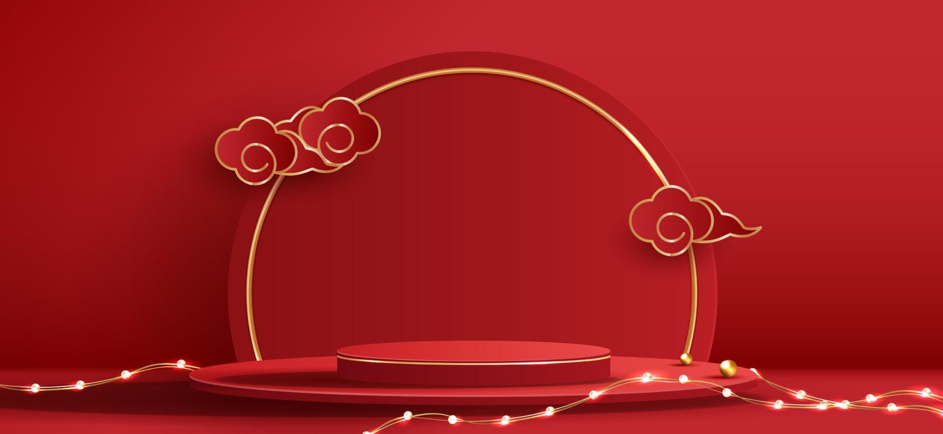 Podium stage chinese style for chinese new year and festivals or mid autumn festival with red background. mock up stage with festive lanterns and clouds. vector design.