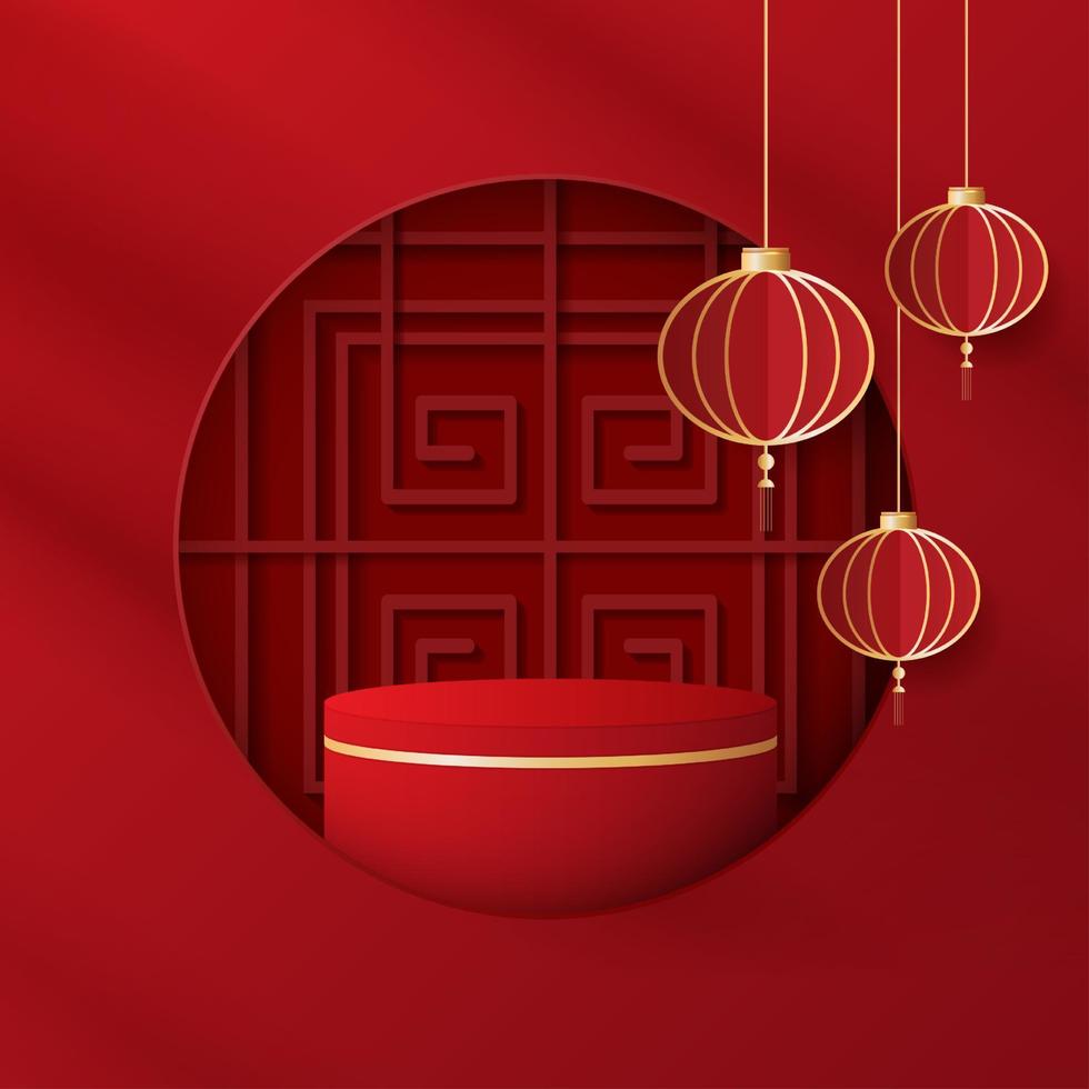Podium stage chinese style for chinese new year and festivals or mid autumn festival with red background. mock up stage with festive lanterns and clouds. vector design.