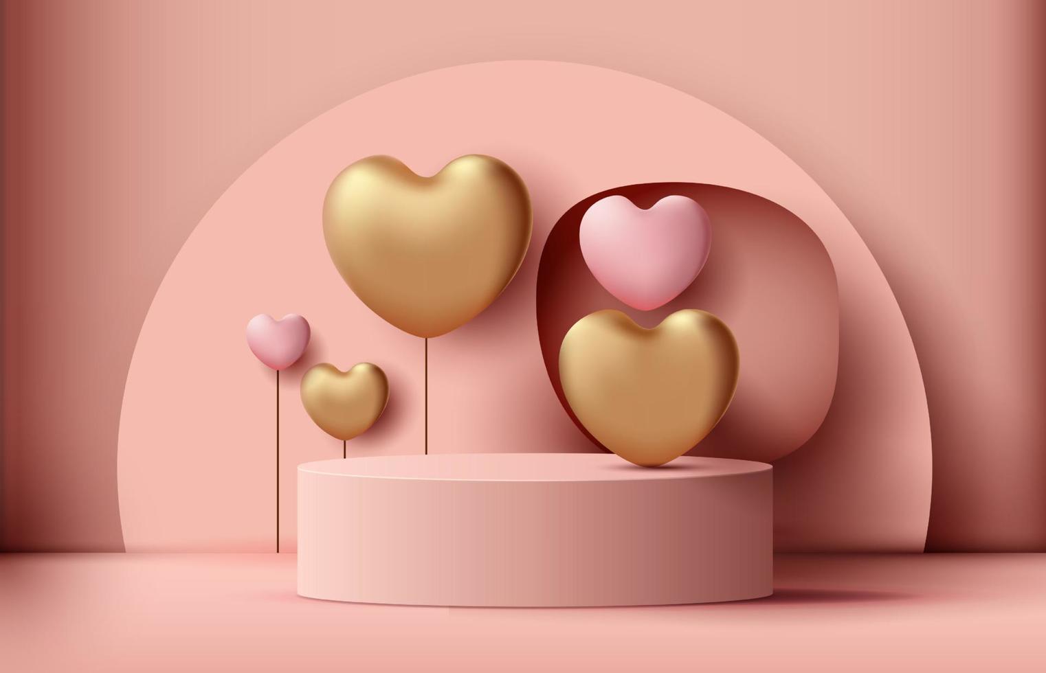 Pink podium display background products for valentine day in love platform. stand to show cosmetic with craft style. symbols of love for happy. vector design.