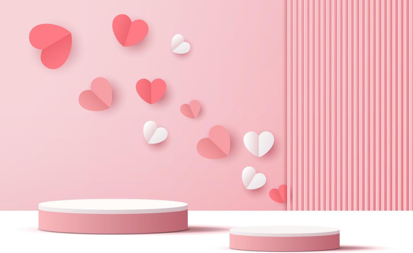 Pink podium display background products for valentine day in love platform. stand to show cosmetic with craft style. symbols of love for happy. vector design.