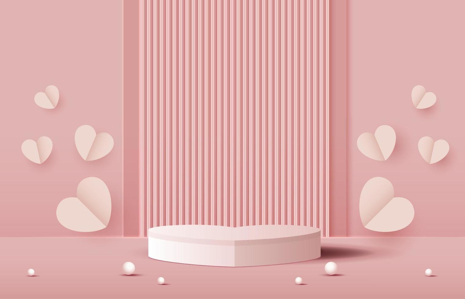 Pink podium display background products for valentine day in love platform. stand to show cosmetic with craft style. symbols of love for happy. vector design.