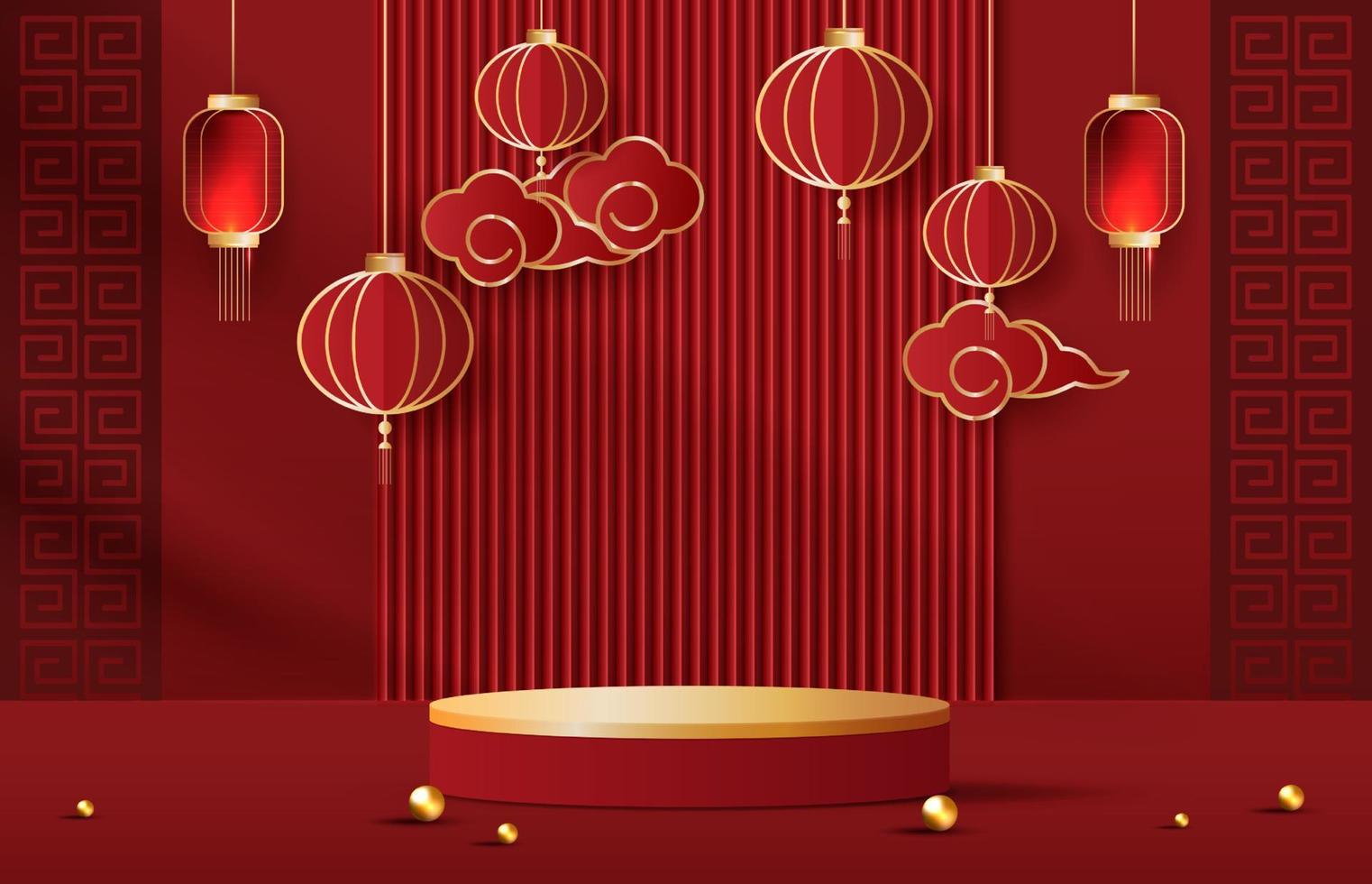 Podium stage chinese style for chinese new year and festivals or mid autumn festival with red background. mock up stage with festive lanterns and clouds. vector design.