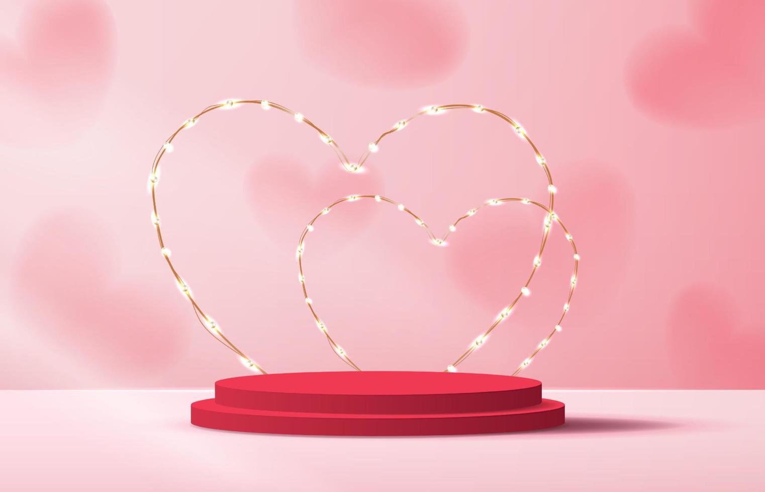 Pink podium display background products for valentine day in love platform. stand to show cosmetic with craft style. symbols of love for happy. vector design.