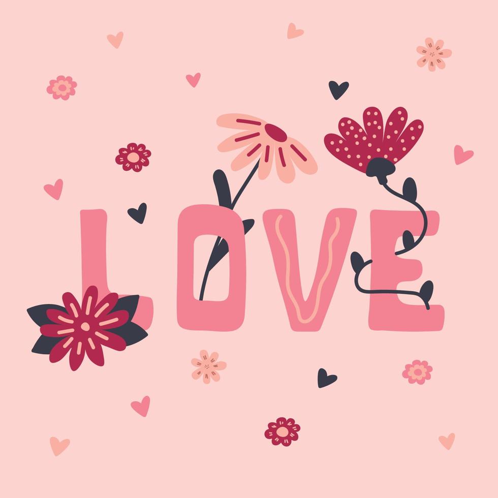 Hand drawn valentine card with LOVE inscription and abstract florals elements. Colorful vector for banner, poster, flyer, brochure,print etc