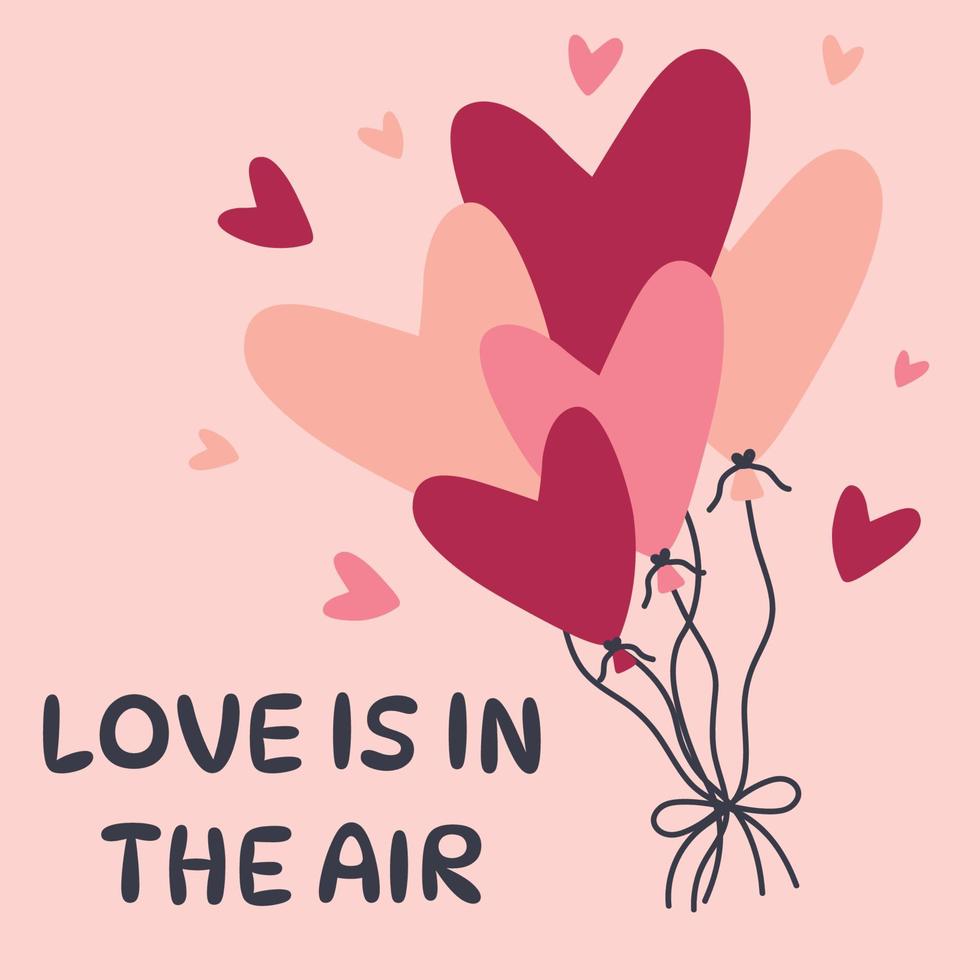 el concepto del día de san valentín con globos en forma de corazón y el amor está en el texto del aire. tarjeta festiva, impresión, cartel, etc. vector