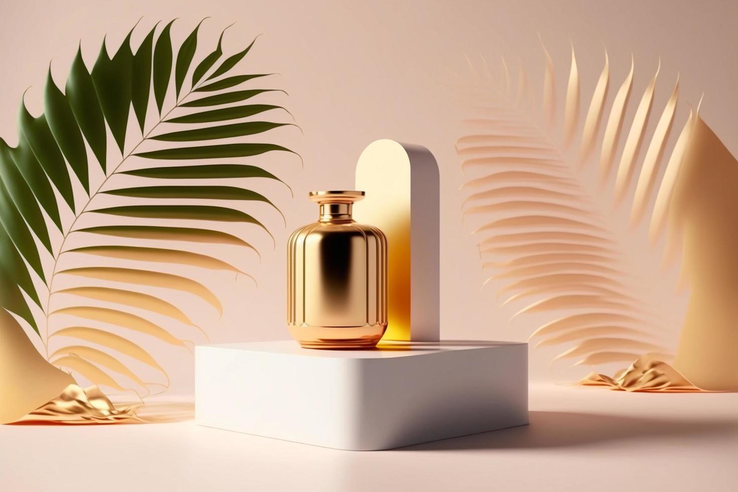 podium with palm shadows. Minimal mockup background for product and cosmetic presentation. 3d rendering photo