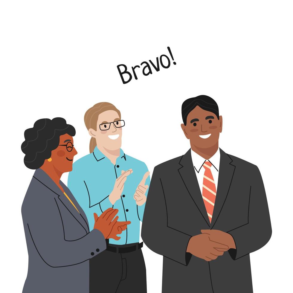Group of multicultural smiling People Office workers standing Applauding to their project manager. Promotion, demonstration and admiration concept. Happy People Applaud celebrate good deal. vector