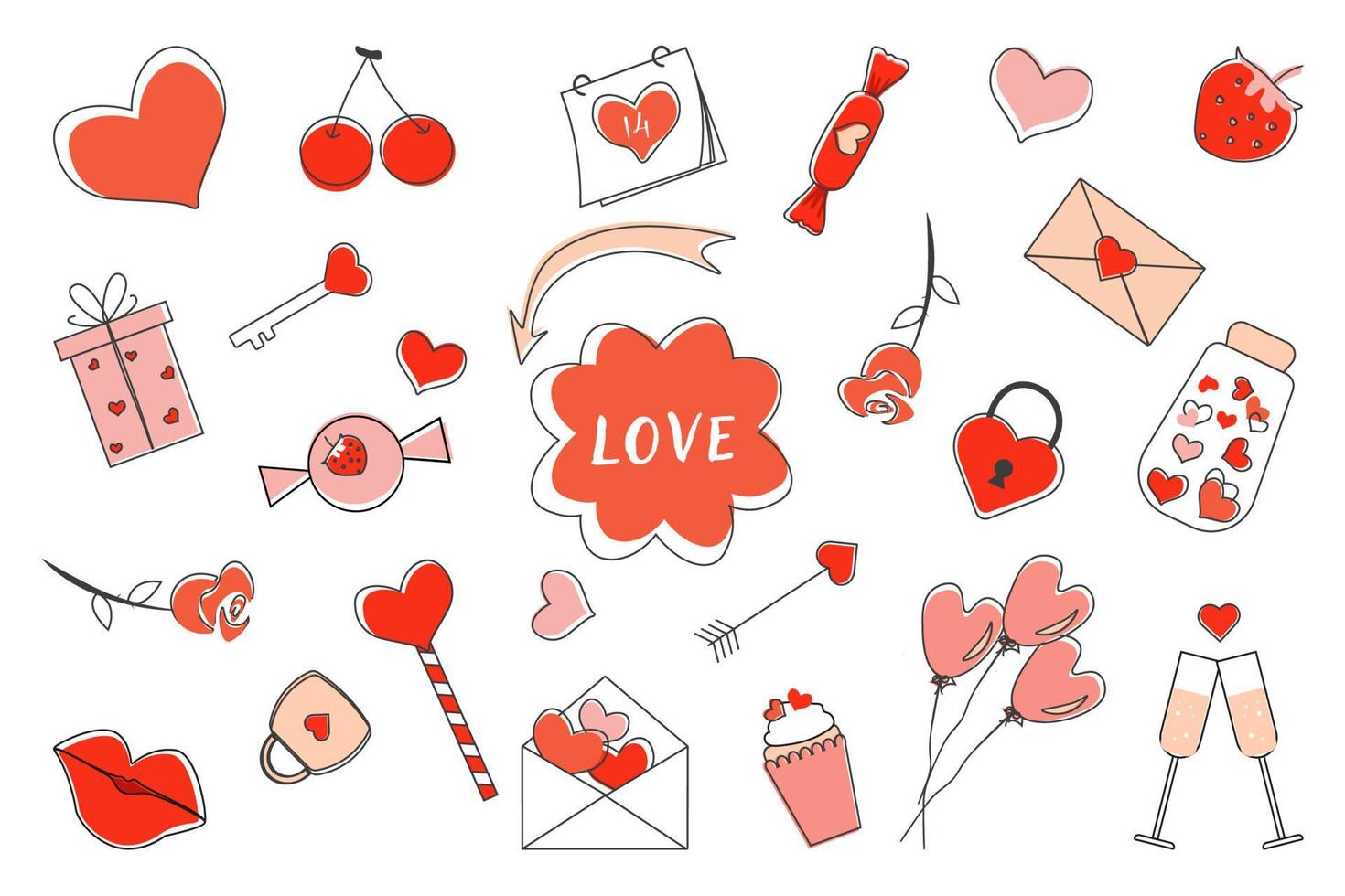 A set of elements for Valentine's Day from lines, arrows, hearts, envelopes, flowers, inscriptions, locks, in the style of doodles vector