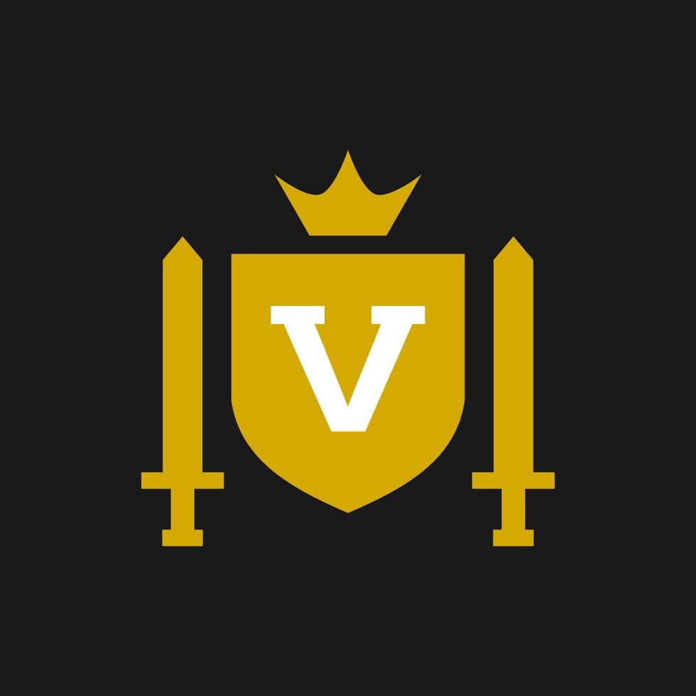 letter V inside a shield and a sword with a classic medieval style. classic elegant logo template. vector
