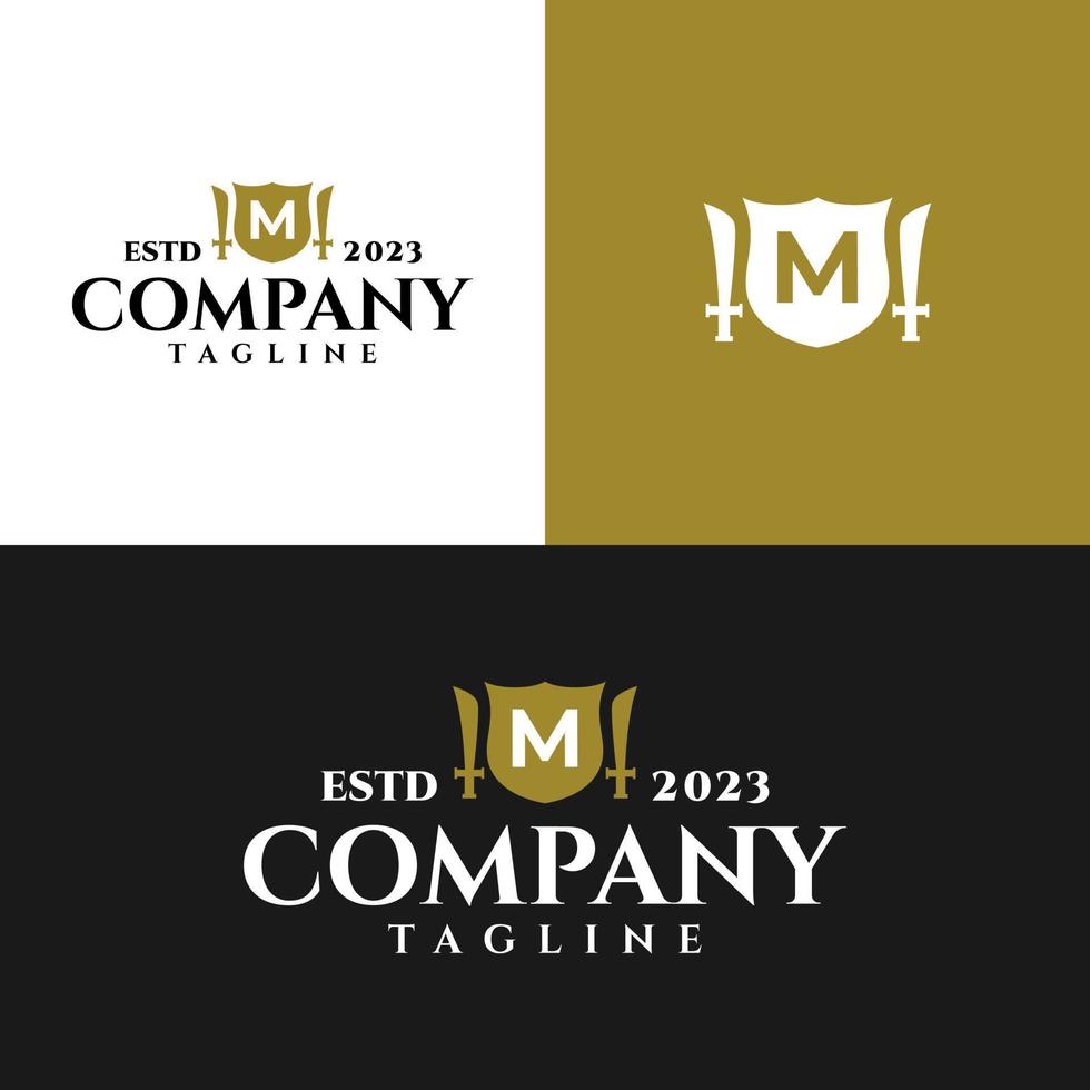 letter M inside a shield and a sword with a classic medieval style. classic elegant logo template. vector