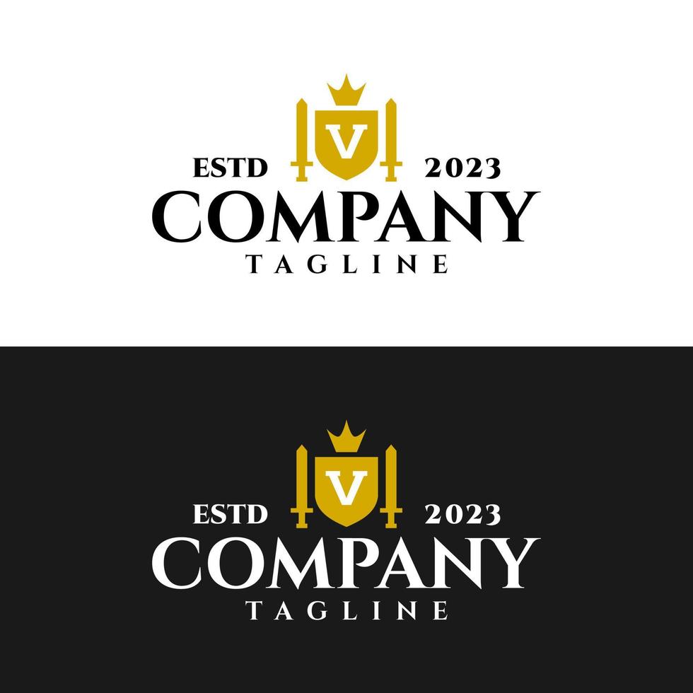 letter V inside a shield and a sword with a classic medieval style. classic elegant logo template. vector
