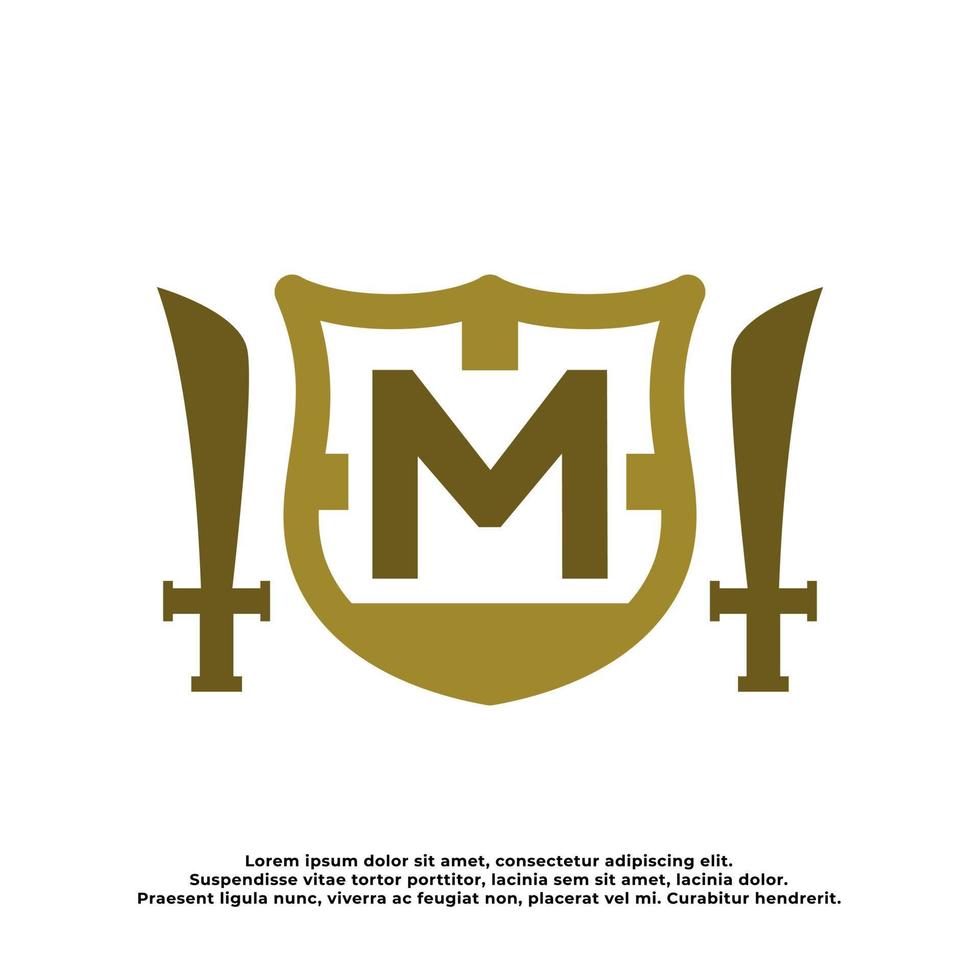 letter M inside a shield and a sword with a classic medieval style. classic elegant logo template. vector