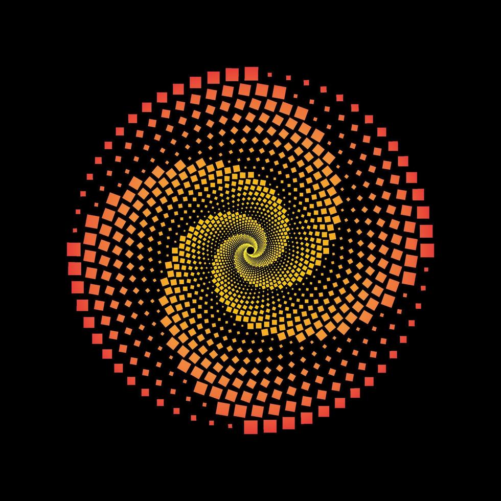 Red and yellow dotted squares spiral vortex circle vector. Squarish dots circular swirl pattern logo. vector