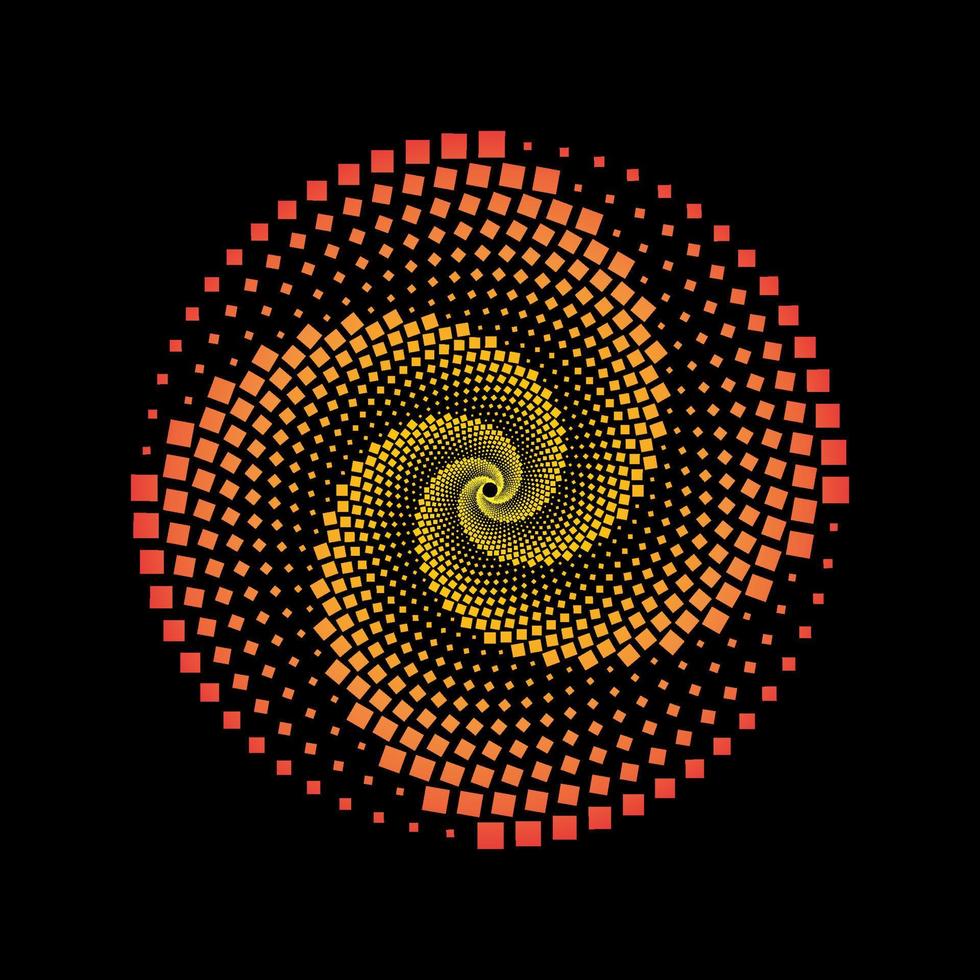 vector de círculo de vórtice en espiral de cuadrados punteados rojos y amarillos. logotipo de patrón de remolino circular de puntos cuadrados.