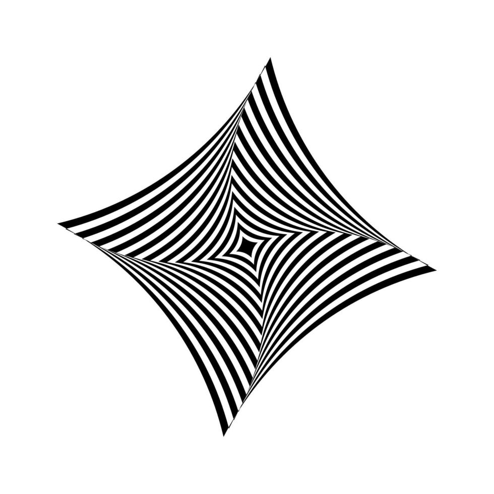 Black diamond star optical illusion wavy lines spiral. Vector art of abstract rippled quilt swirl.