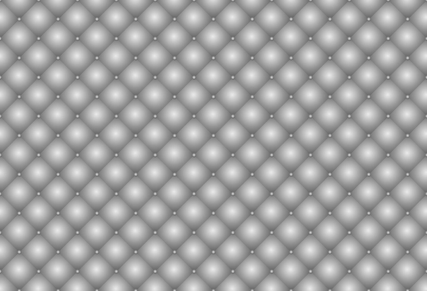 3d shiny silver upholstery leather texture vector background. Metallic gradient quilted squares with silver beads seamless pattern grid.