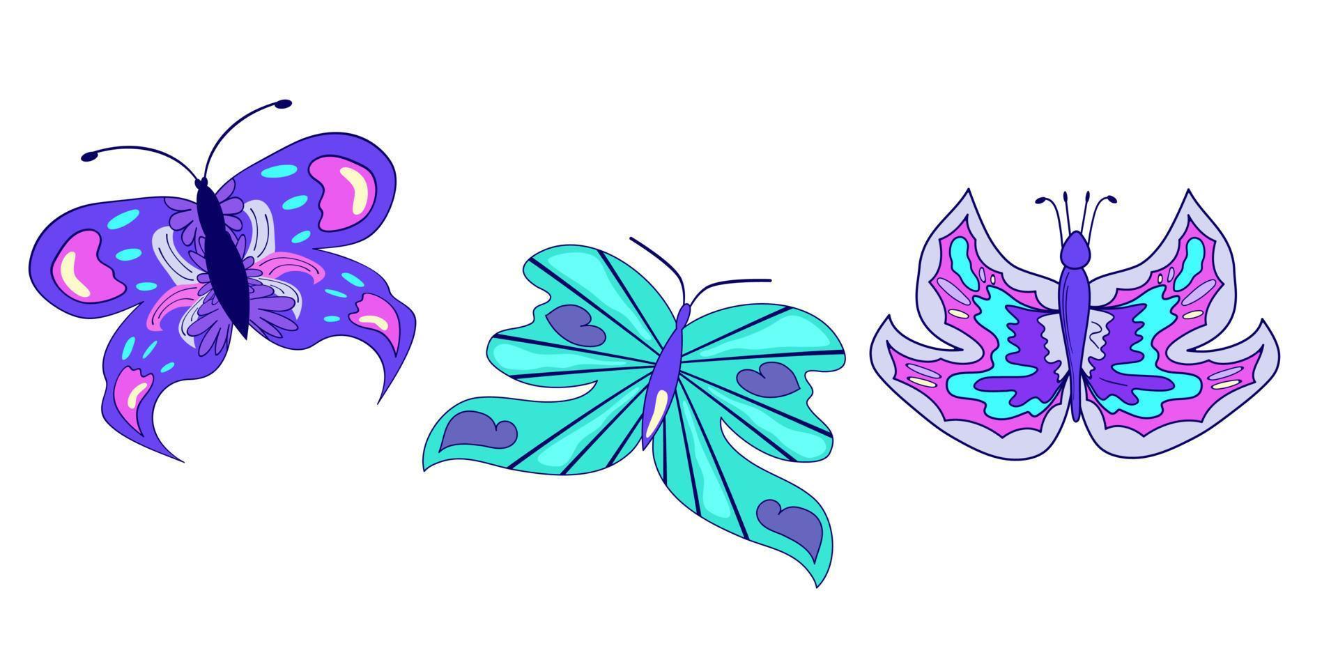 Y2k butterfly set in abstract style on white background. Flower power. Y2k aesthetic. Vector illustration design. 90s, 00s butterfly isolated.
