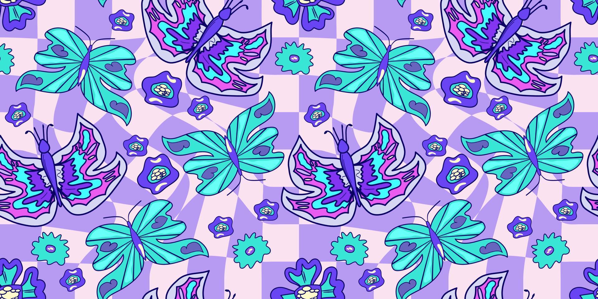 Seamless flower and butterfly trippy psychedelic pattern. Purple psychedelic seamless pattern. Magic floral daisy print. Trippy design hippie floral flat illustration. Retro y2k print vector