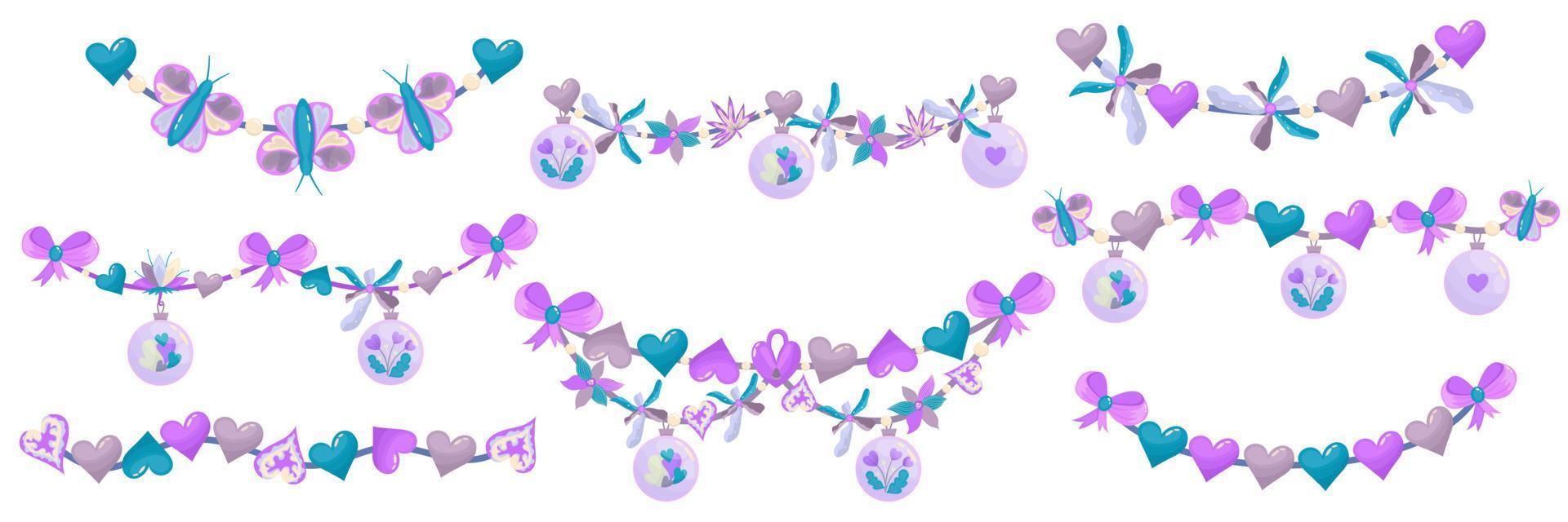 Valentines Day garland set with heart and daisy isolated. Cartoon vector illustration. Valentine party flags. February love day greeting card hearts garland. White background.