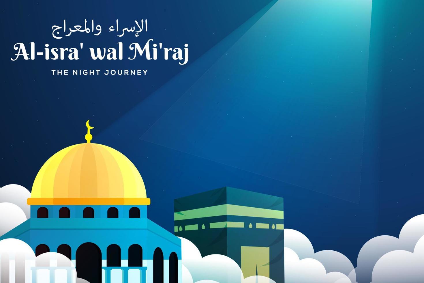 isra miraj illustration with light from sky illuminating mosque and Kaaba vector