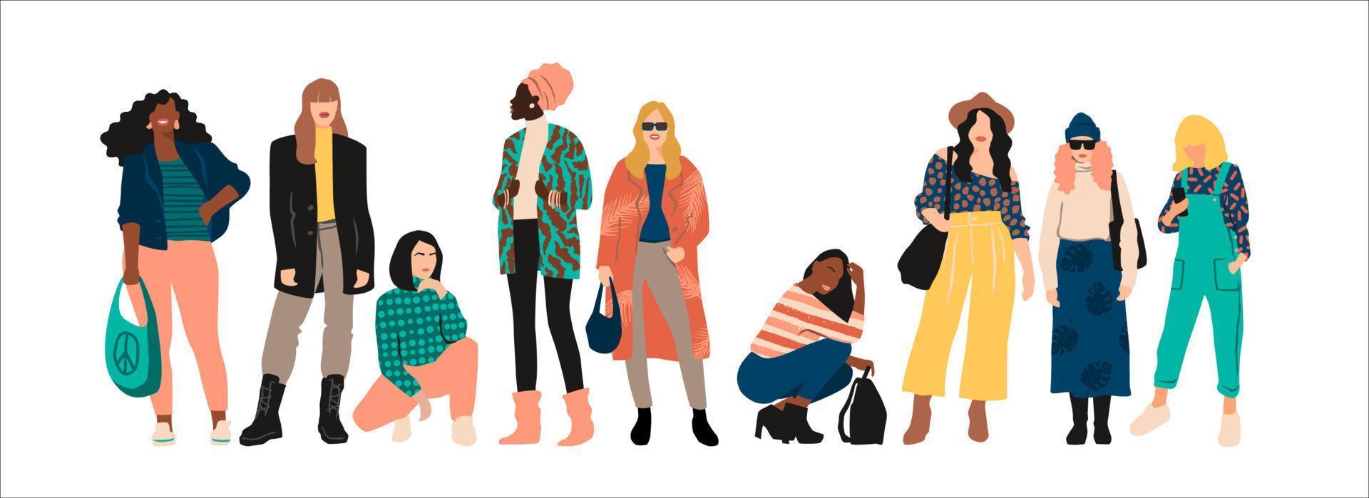 Isolated vector illustration of abstract women with different skin colors. Struggle for freedom, independence, equality. Concept for International Womens Day and other use