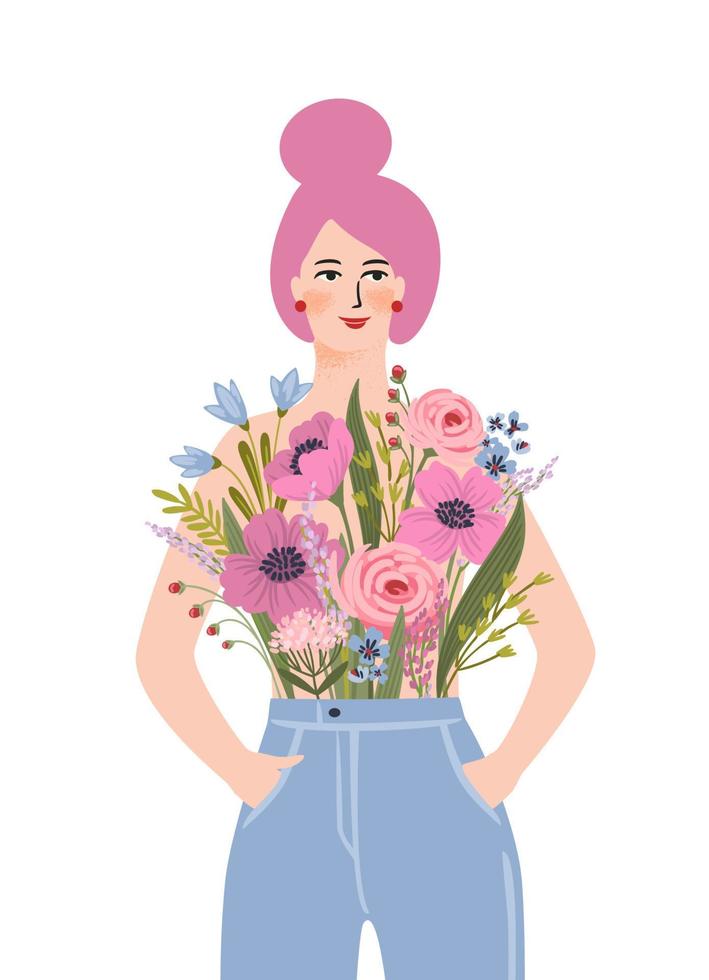 Isolated illustration of a woman with flowers. Concept for International Women s Day and other use vector