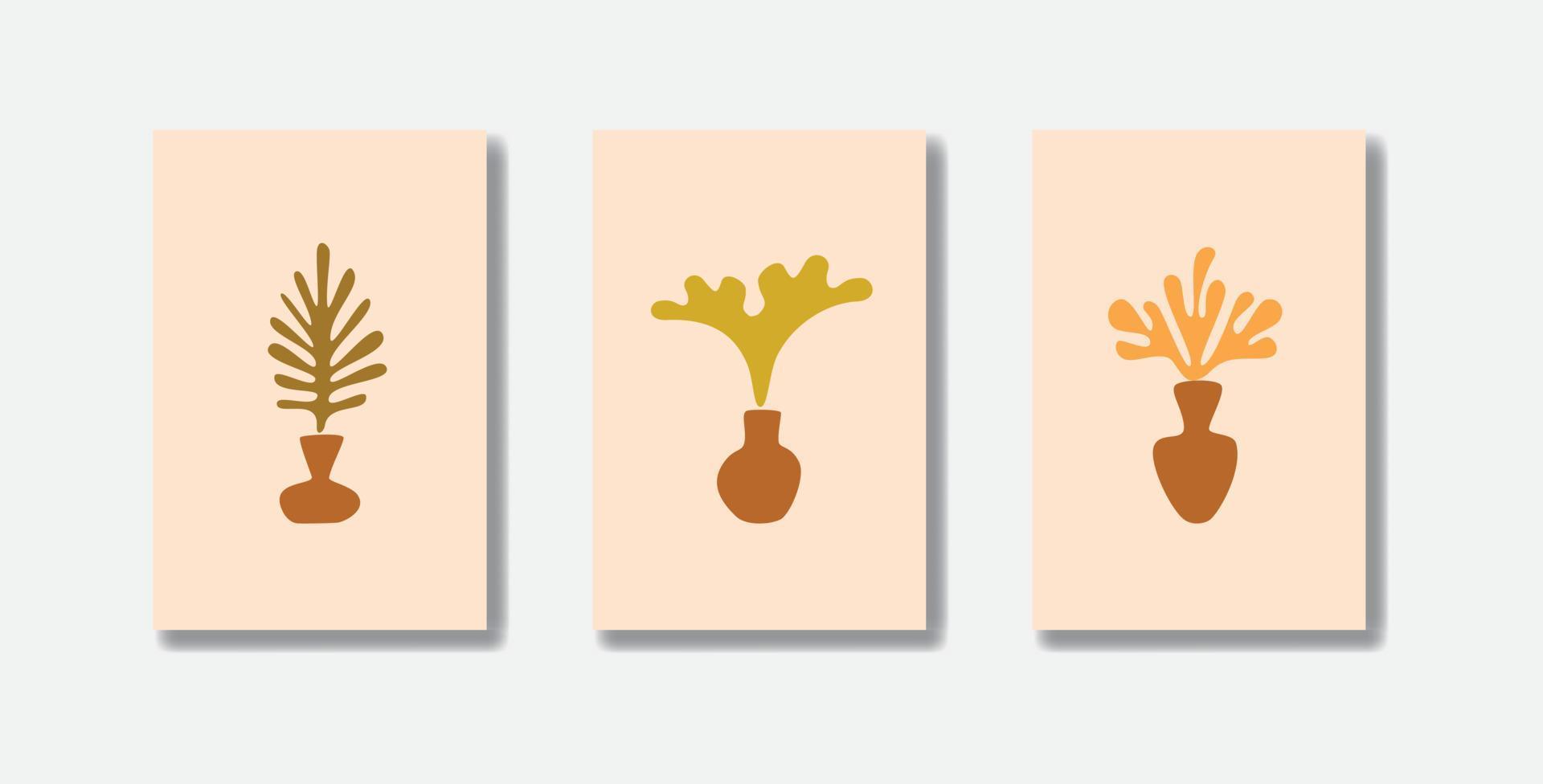 Set of 3 organic shape hand drawn style matisse inspired vase and plant design background vector