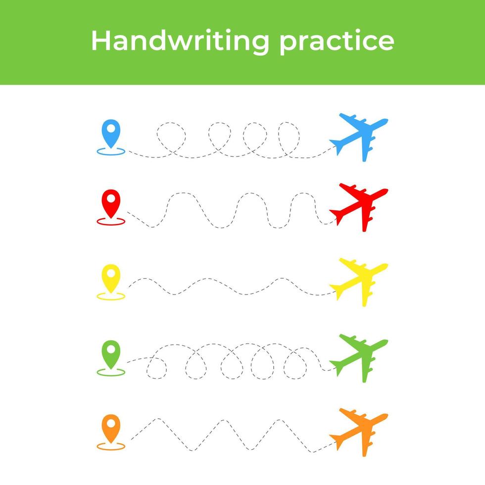 Handwriting practice sheet with airplane. Educational children game. Tracing lines. Early education worksheet for kids vector