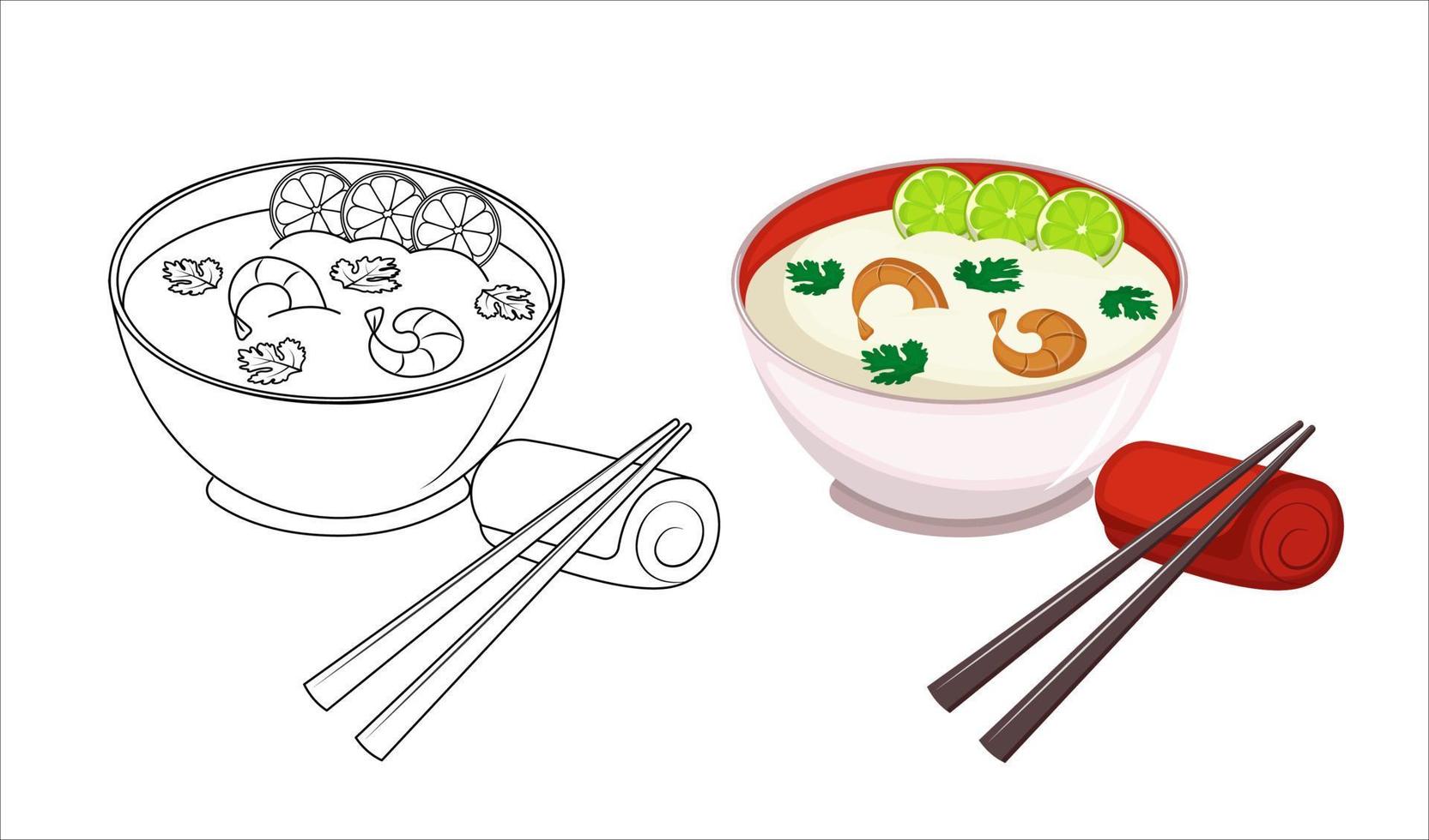 Thai coconut soup with shrimp. Kids coloring book for elementary school. Asian traditional cuisine. Seafood soup with lime. Vector illustration. Cartoon.