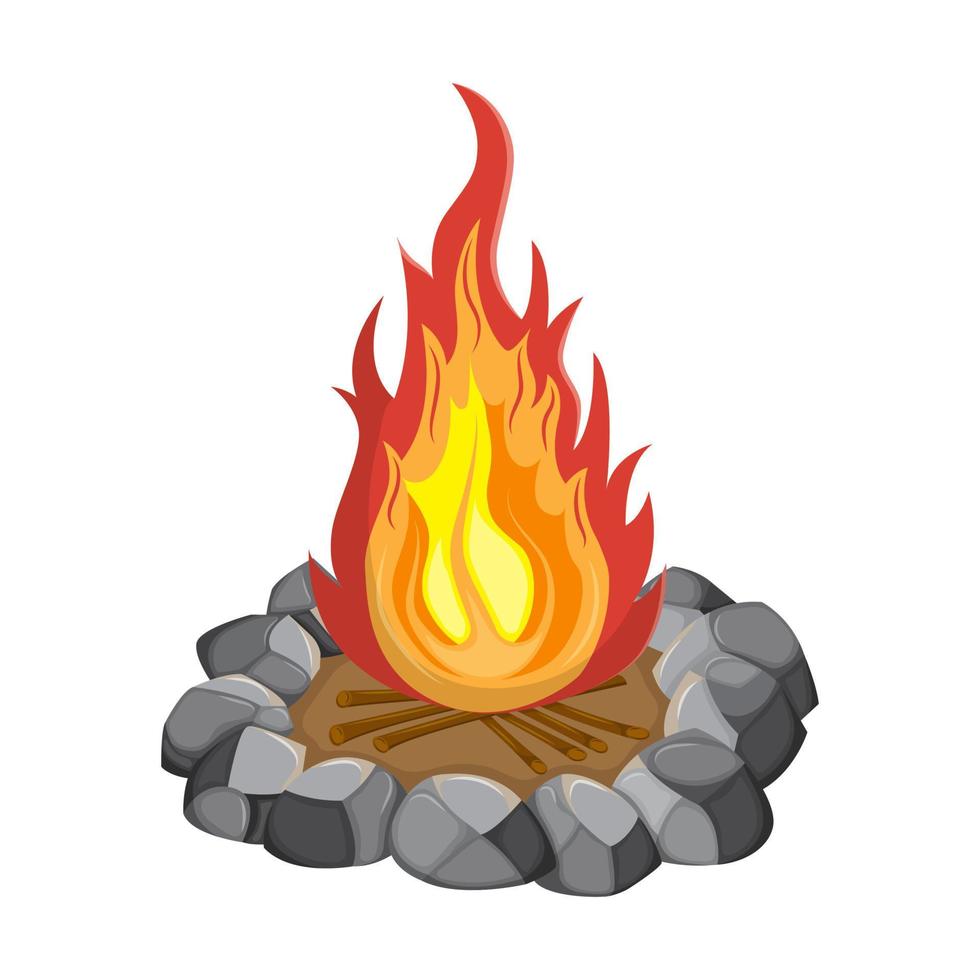 Burning bonfire with wood and stones. Bright fire. Vector illustration isolated on white isolated background.