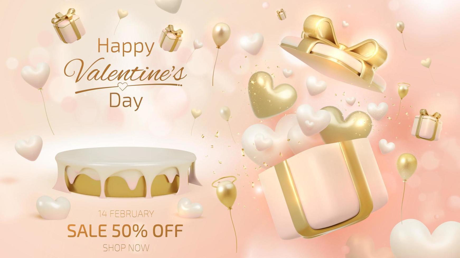 3d realistic heart shape in open gift box on podium and balloons element and ribbon with glitter light effect decoration and bokeh. Valentine's day sale banner template background design. vector