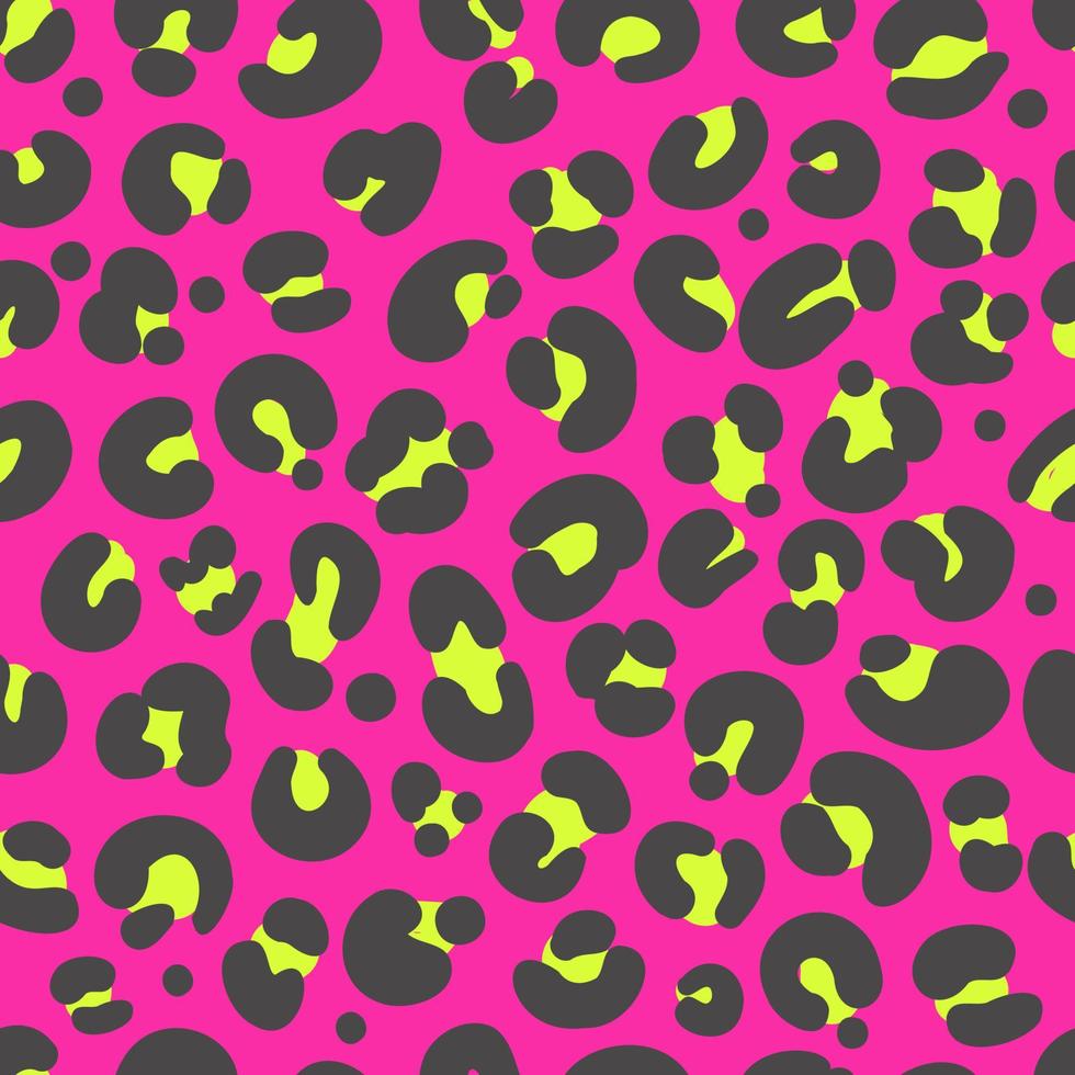 Leopard print seamless pattern. Neon cheetah skin 80 90s design. Black and yellow spots on bright pink background. Vector