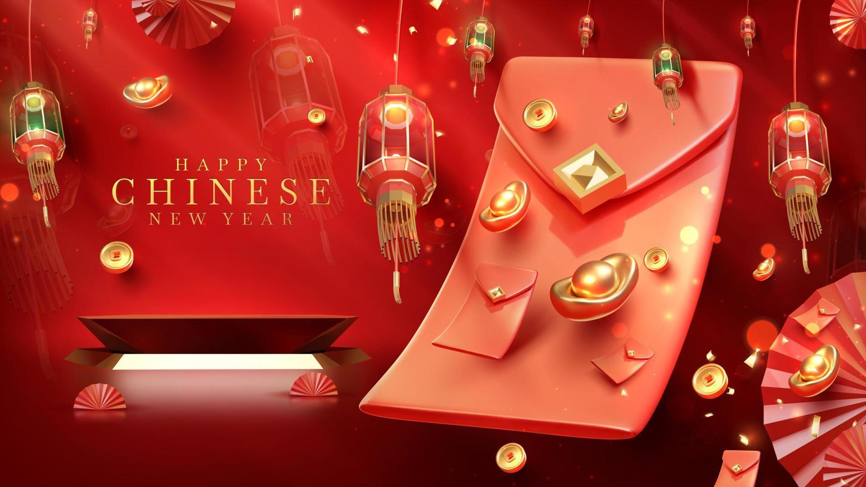 fondo de lujo rojo con elemento de podio de exhibición de producto con adorno de año nuevo chino realista en 3d y decoración de efecto de luz brillante y bokeh. ilustración vectorial vector