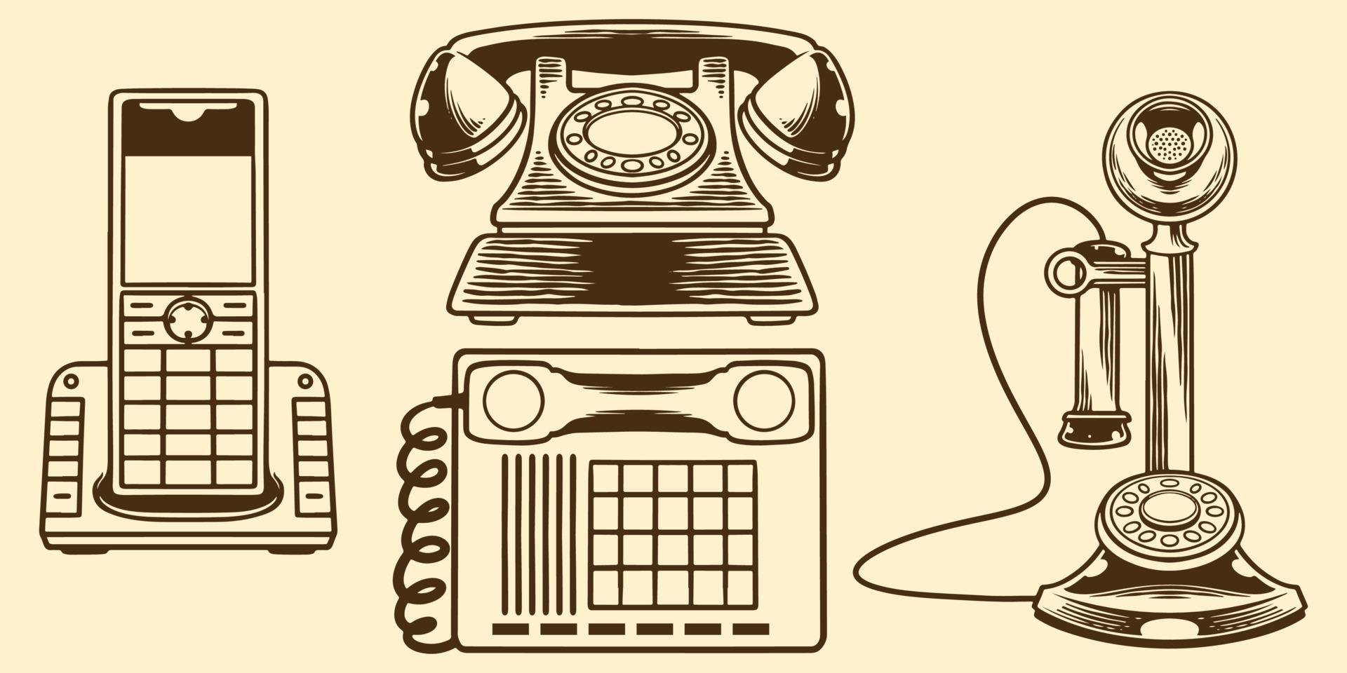 Hand drawing vintage telephones drawn elements. vector