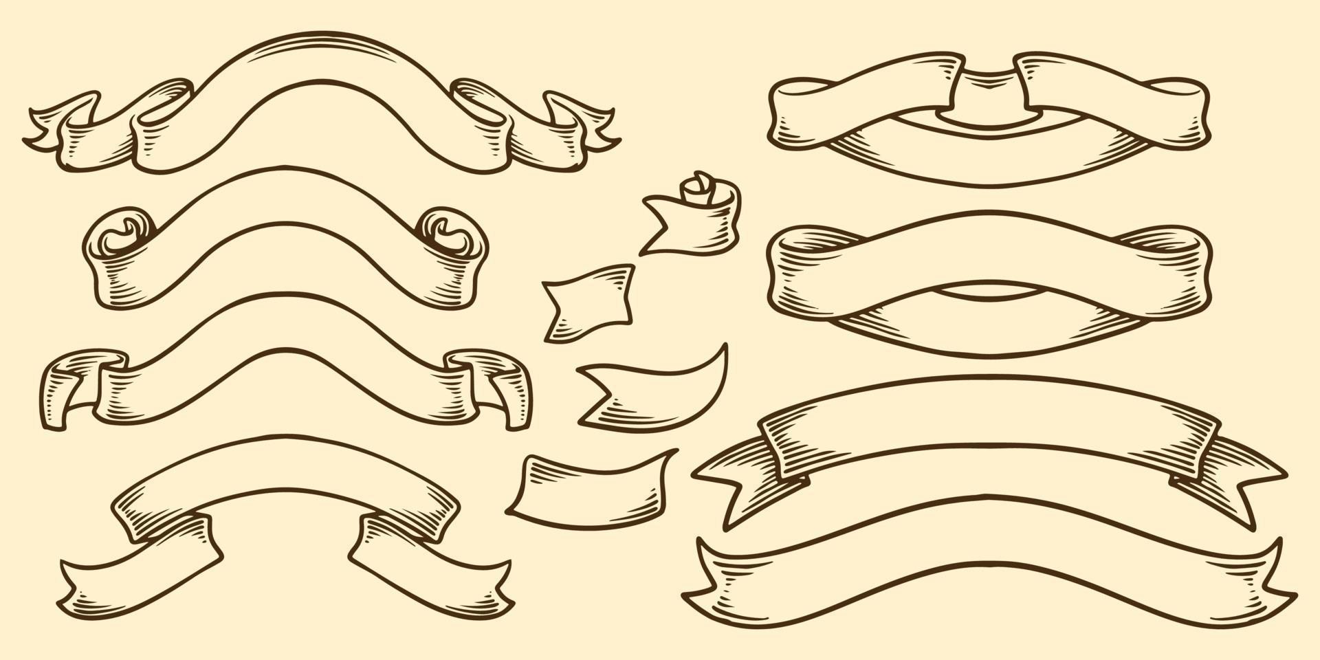 Hand drawing vintage ribbons sketch drawn elements. vector