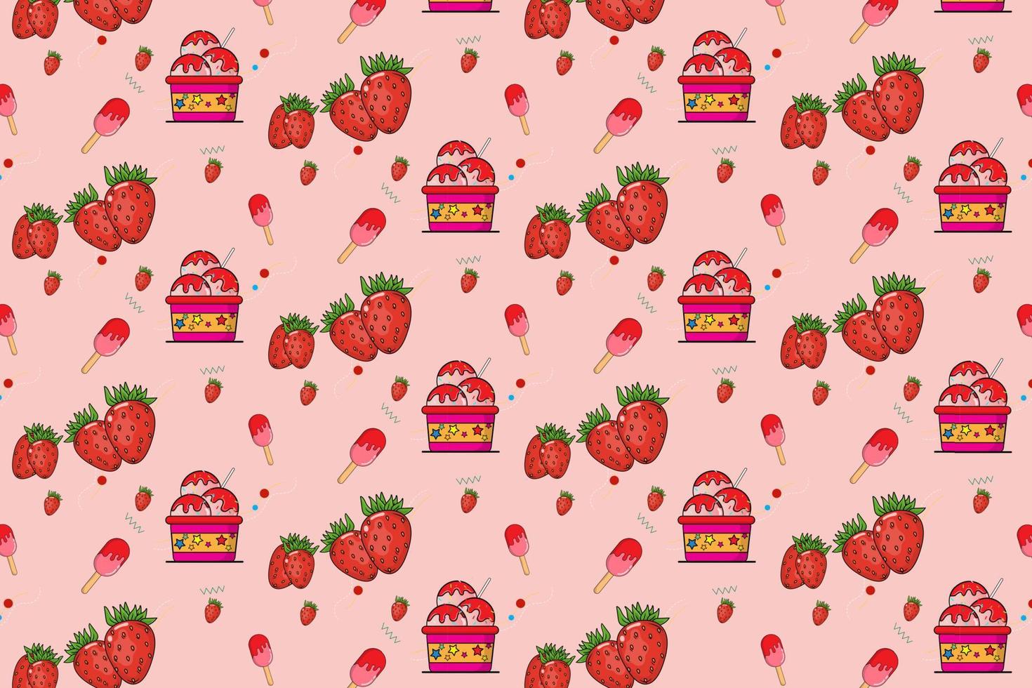 Pattern with strawberry flavored cup and stick ice cream elements and strawberry balls. abstract pattern vector background for design