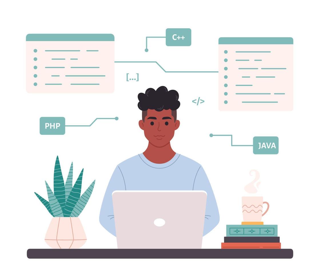 hombre negro trabajando en una computadora portátil. desarrollador código de programación freelance, teletrabajo, programación vector