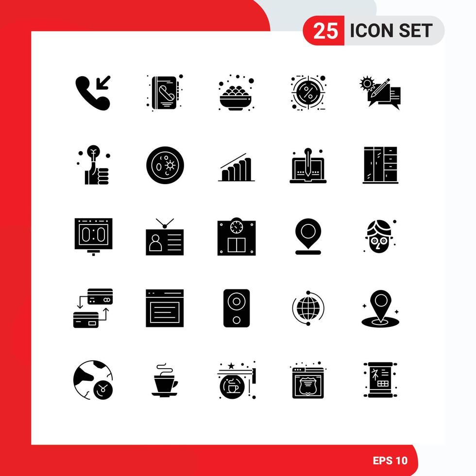 Group of 25 Solid Glyphs Signs and Symbols for communication target grocery percentage hot Editable Vector Design Elements
