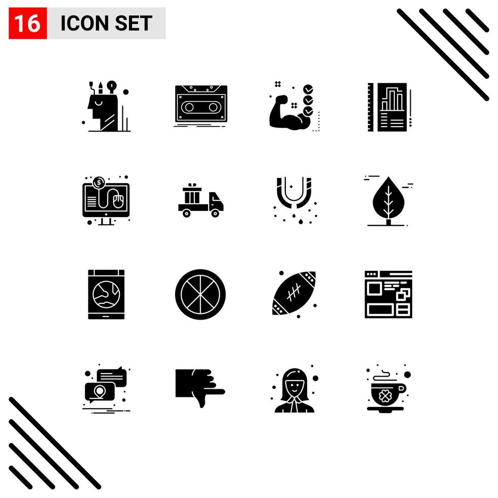 16 Universal Solid Glyph Signs Symbols of report annual tape muscle training Editable Vector Design Elements