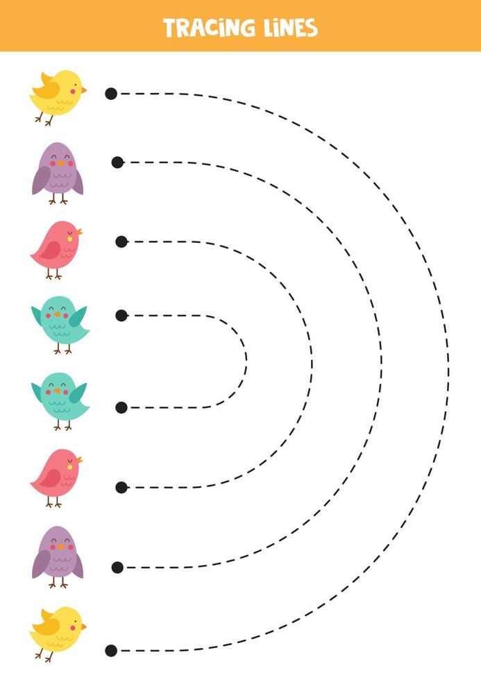 Tracing lines for kids with colorful birds. Handwriting practice. vector