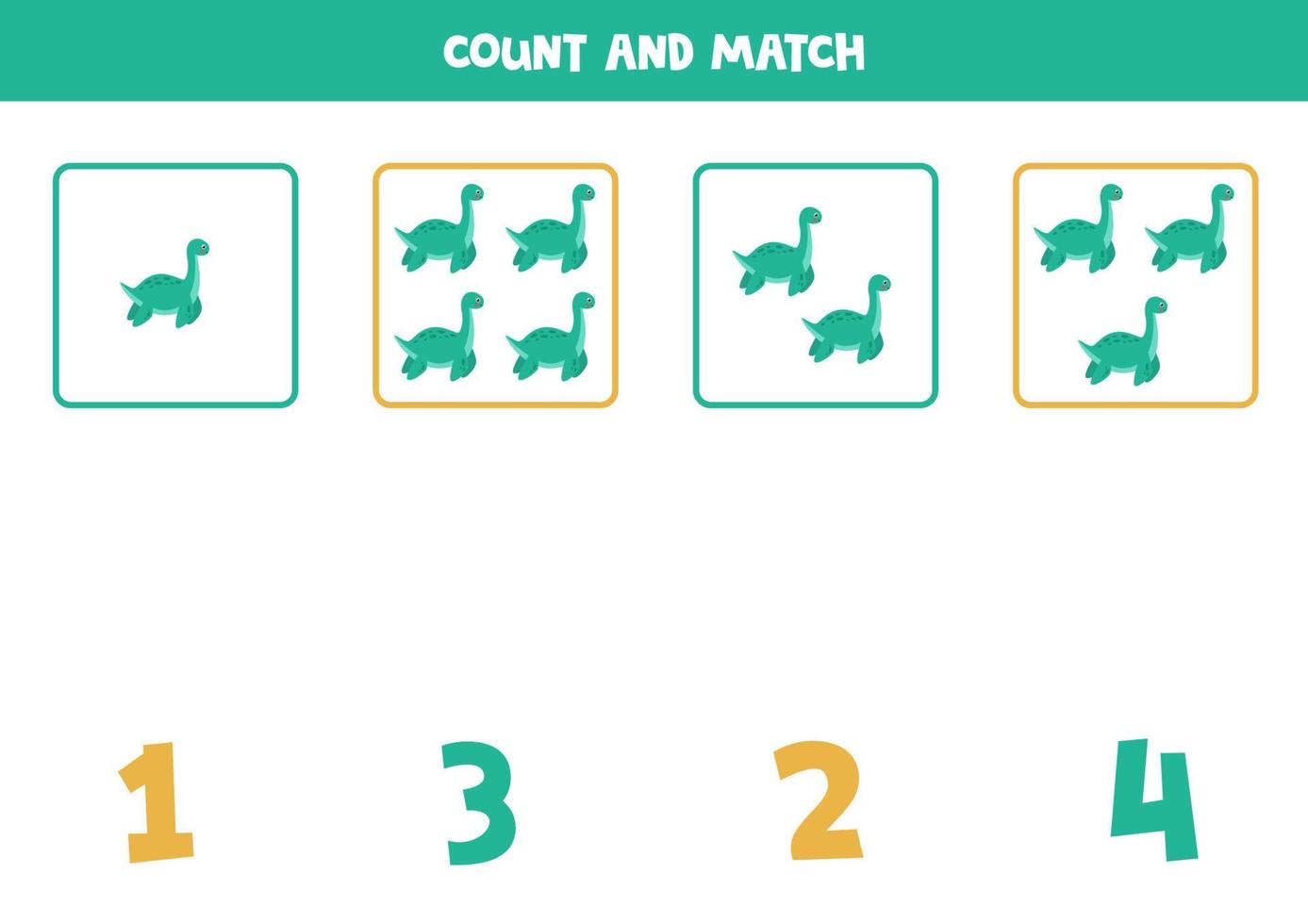 Counting game for kids. Count all plesiosaurus and match with numbers. Worksheet for children. vector