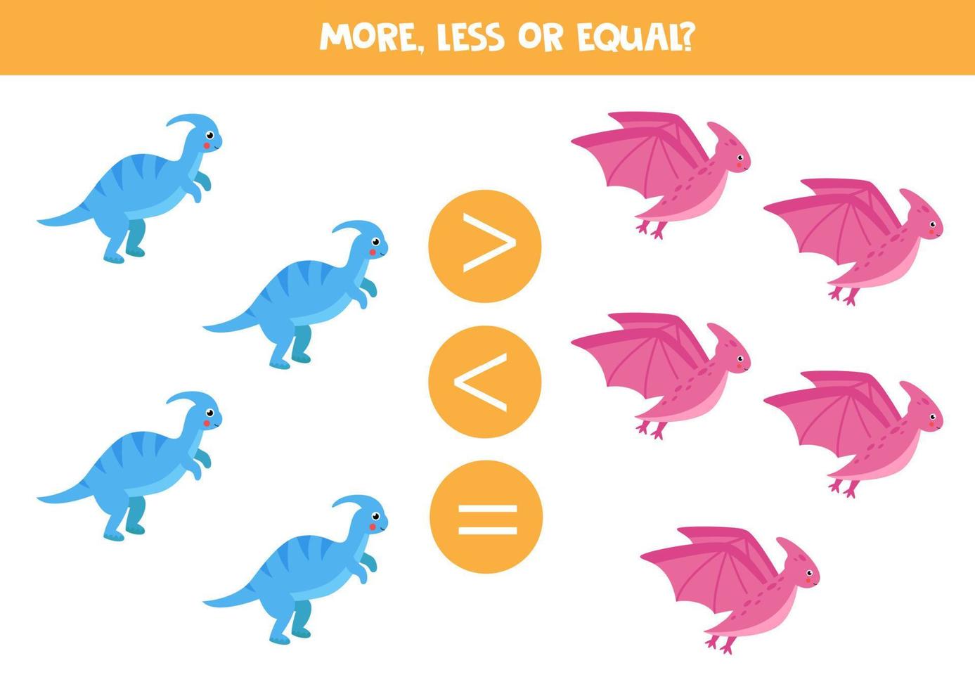 More, less, equal with cute cartoon dinosaurs. Math game for kids. vector
