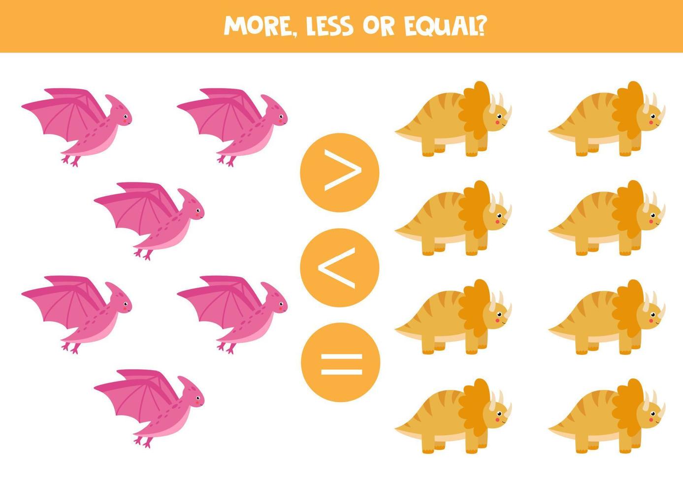 More, less, equal with cute cartoon dinosaurs. Math game for kids. vector