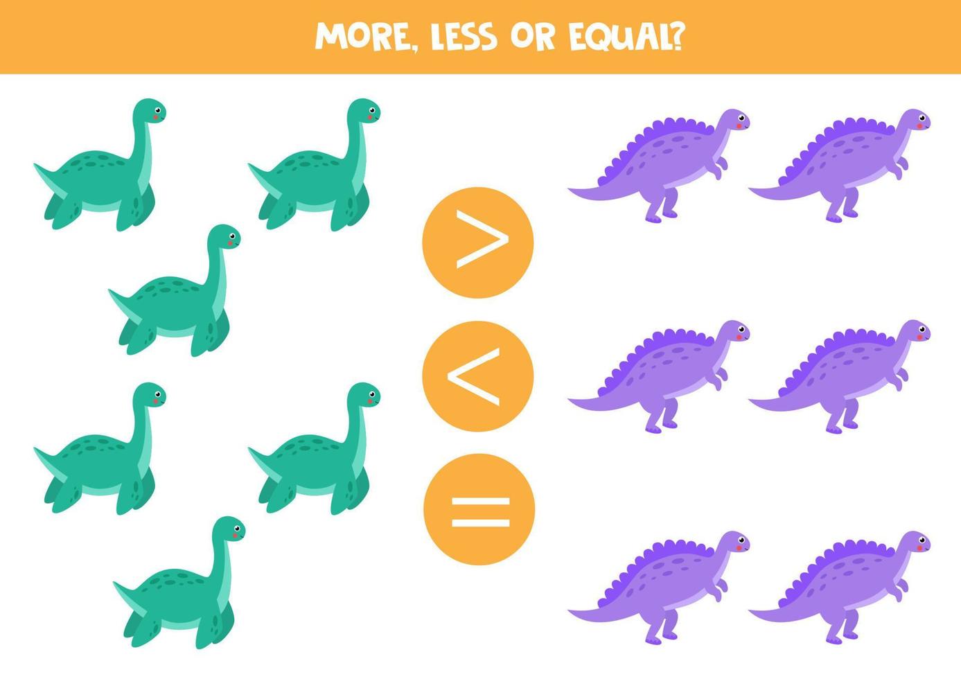 More, less, equal with cute cartoon dinosaurs. Math game for kids. vector