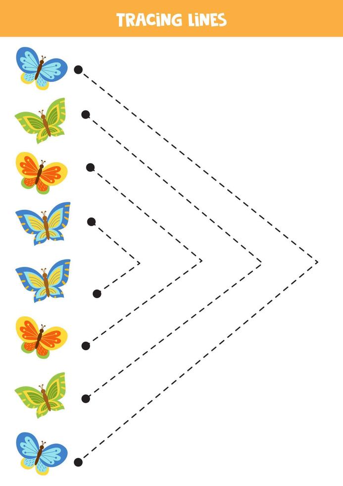 Tracing lines for kids with colorful butterflies. Handwriting practice. vector