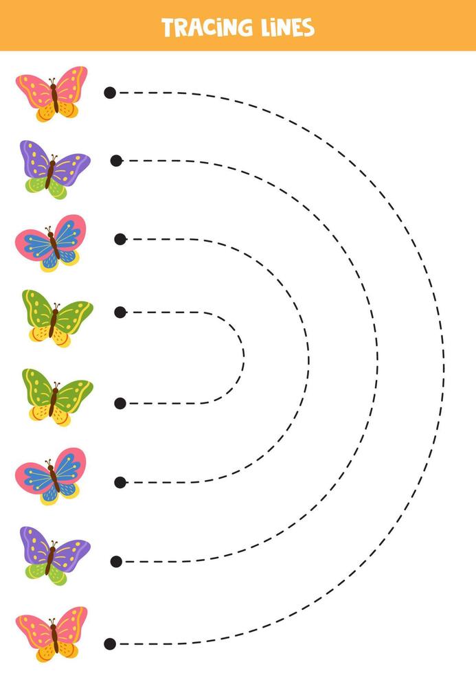 Tracing lines for kids with colorful butterflies. Handwriting practice. vector