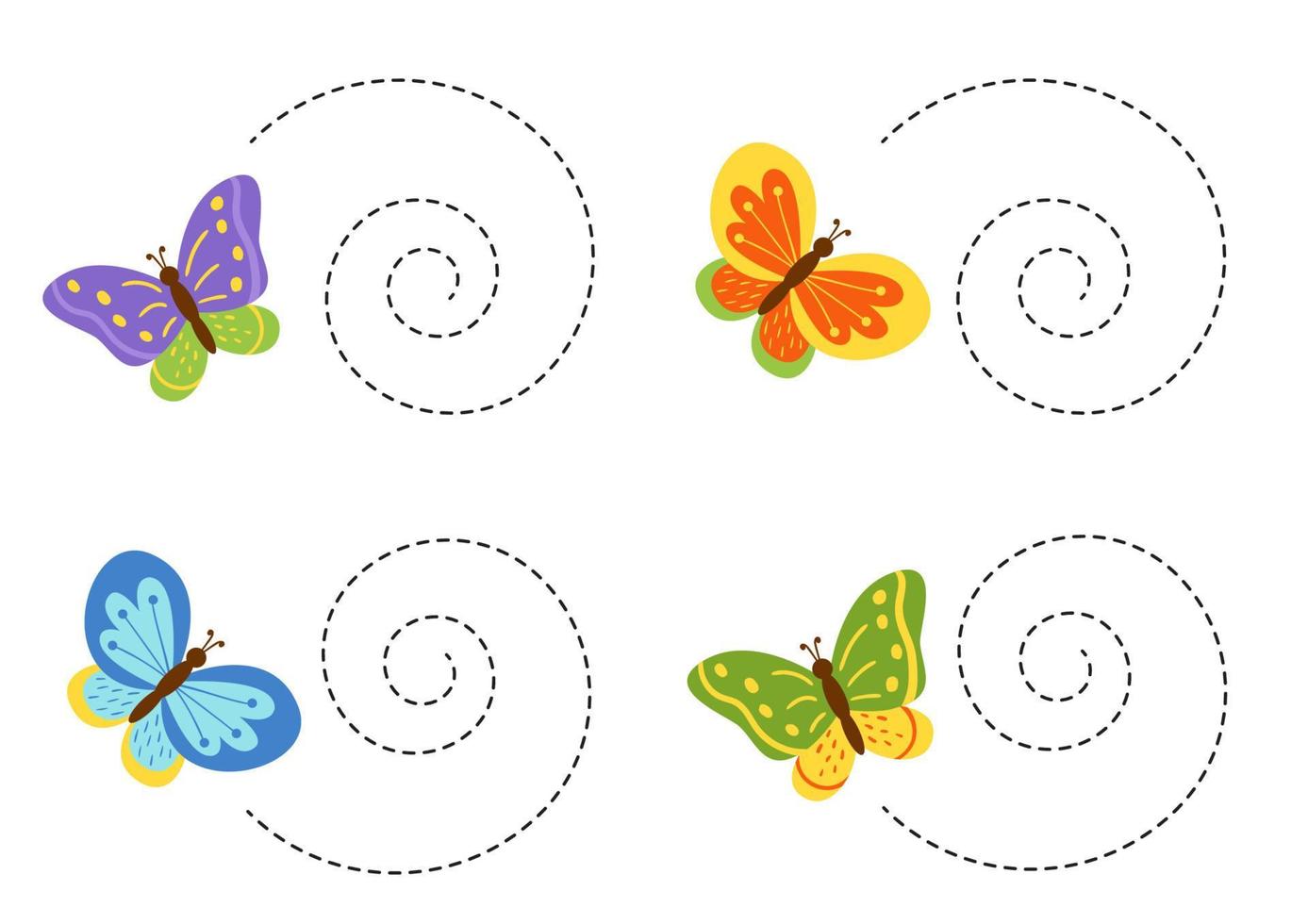 líneas de trazado para niños con mariposas de colores. práctica de escritura a mano. vector