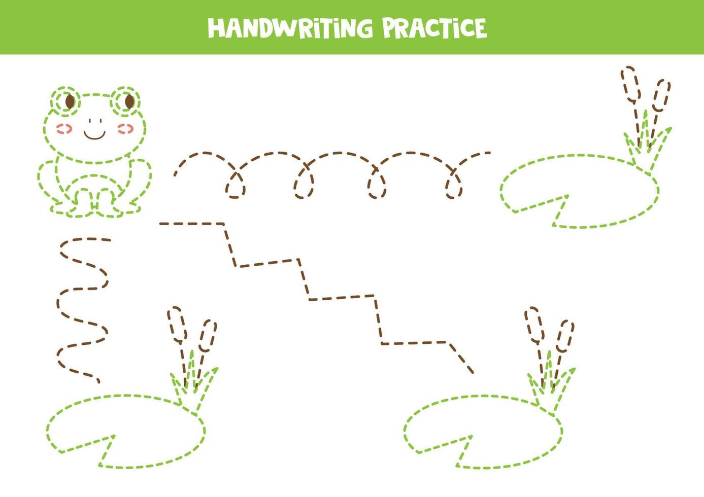 Tracing lines for kids. Cute frog and water lily. Writing practice. vector